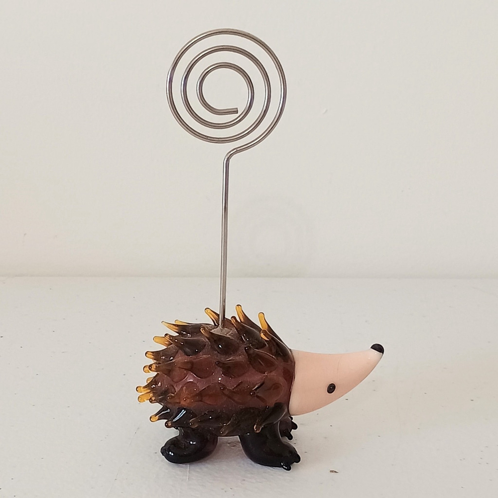 Art Glass Brown Glass Hedgehog Note Photo Holder Office Desk